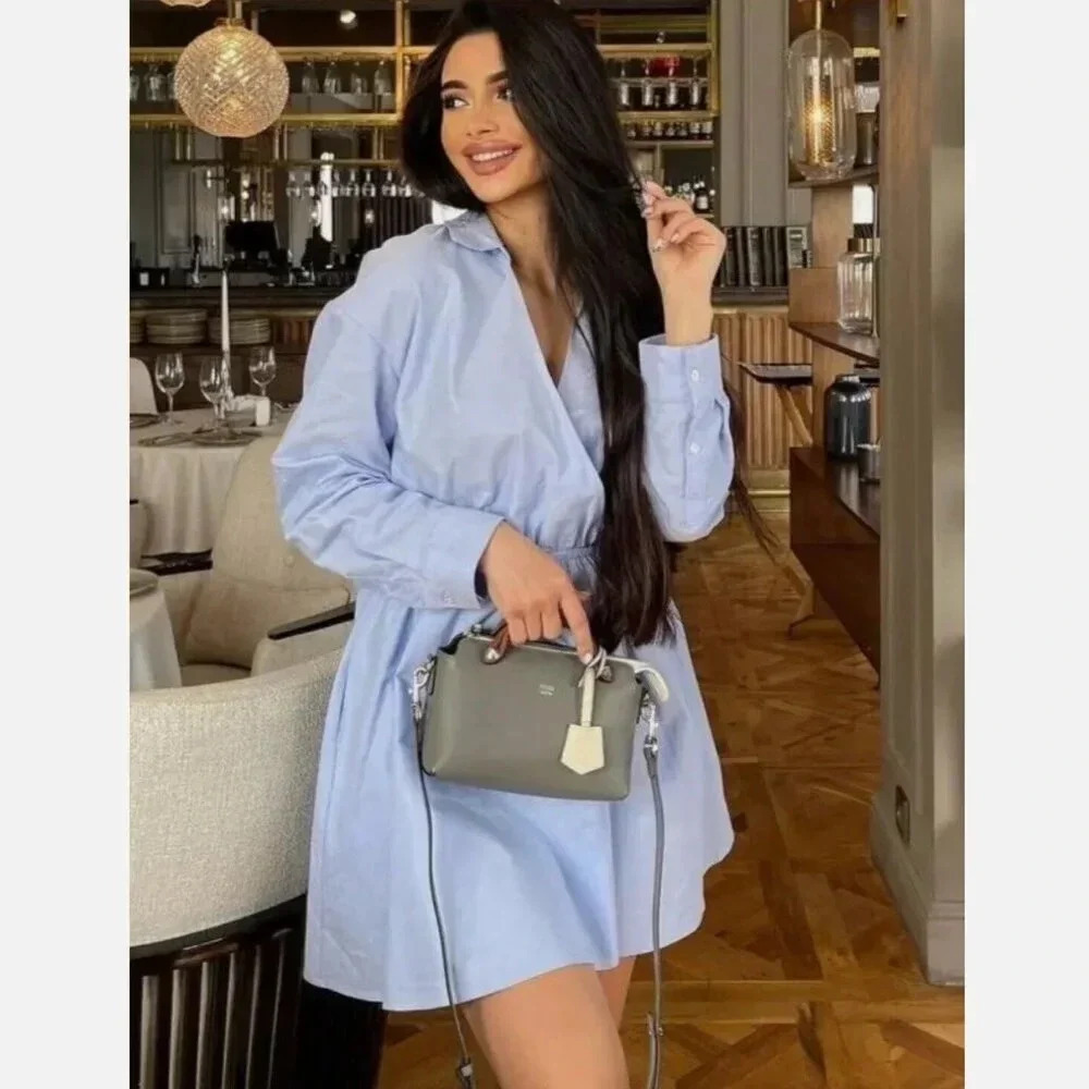 Zara Chambray Long Sleeve Shirt Dress Sky Blue Size Small